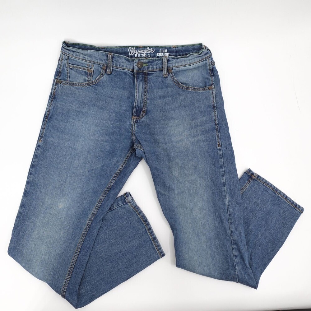 Wrangler Retro Jeans Mens 34 Blue Slim Straight Medium Wash Stretch Denim